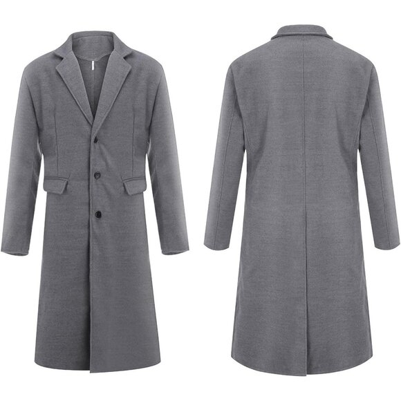 Men's Grey Slim Fit Casual Trench Coat Notched Collar Pea Coat with Pockets - Picture 6 of 6